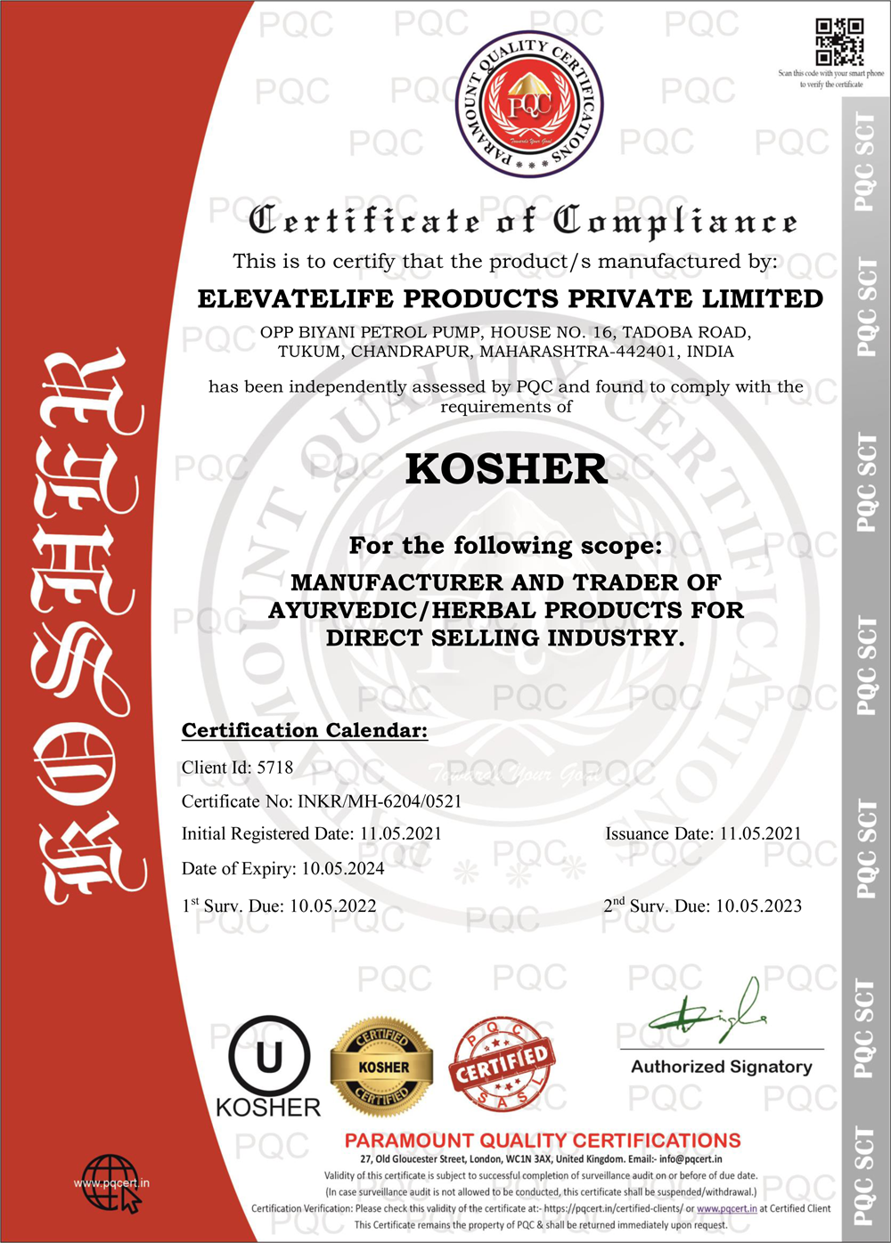 Certificate of KOSHER